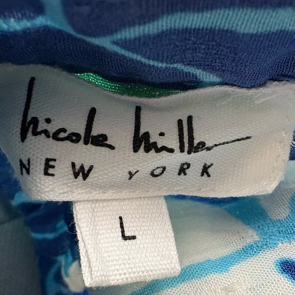 Nicole Miller Blue Green Floral Paisley Print Bishop Sleeve Button Front Top - Picture 7 of 10